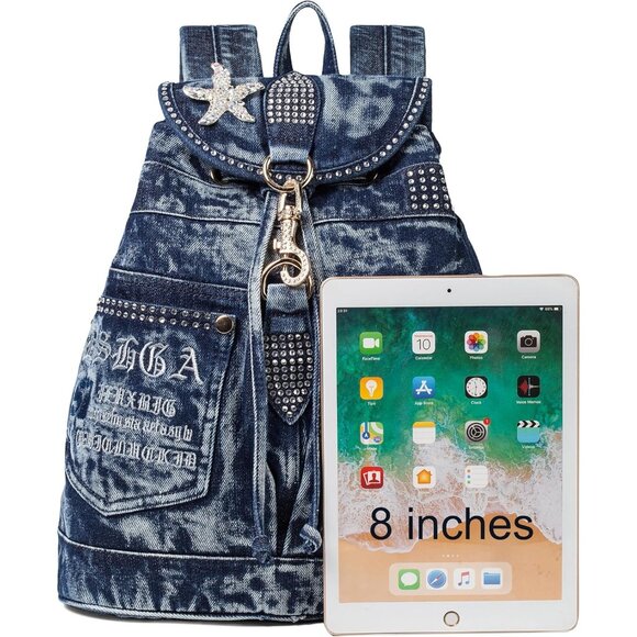 Blue Denim Backpack Purse with Rhinestones, Casual Daypack, 15-inch - Picture 6 of 7